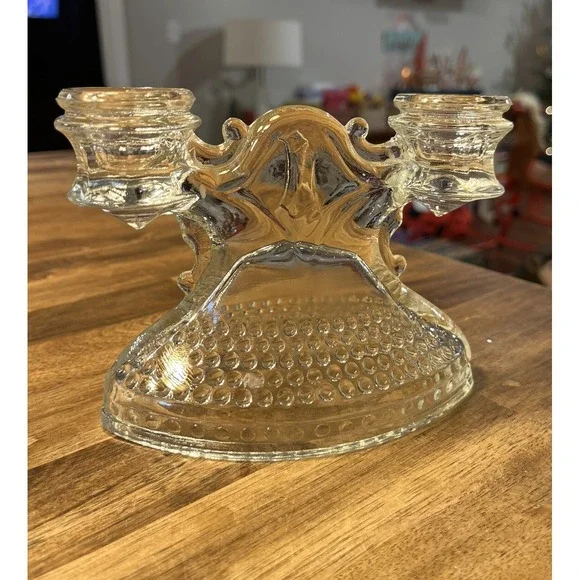 MCM GLASS Candle Holders Hobnail Glass Double Taper MCM LE Smith Vintage X2 - Picture 2 of 7